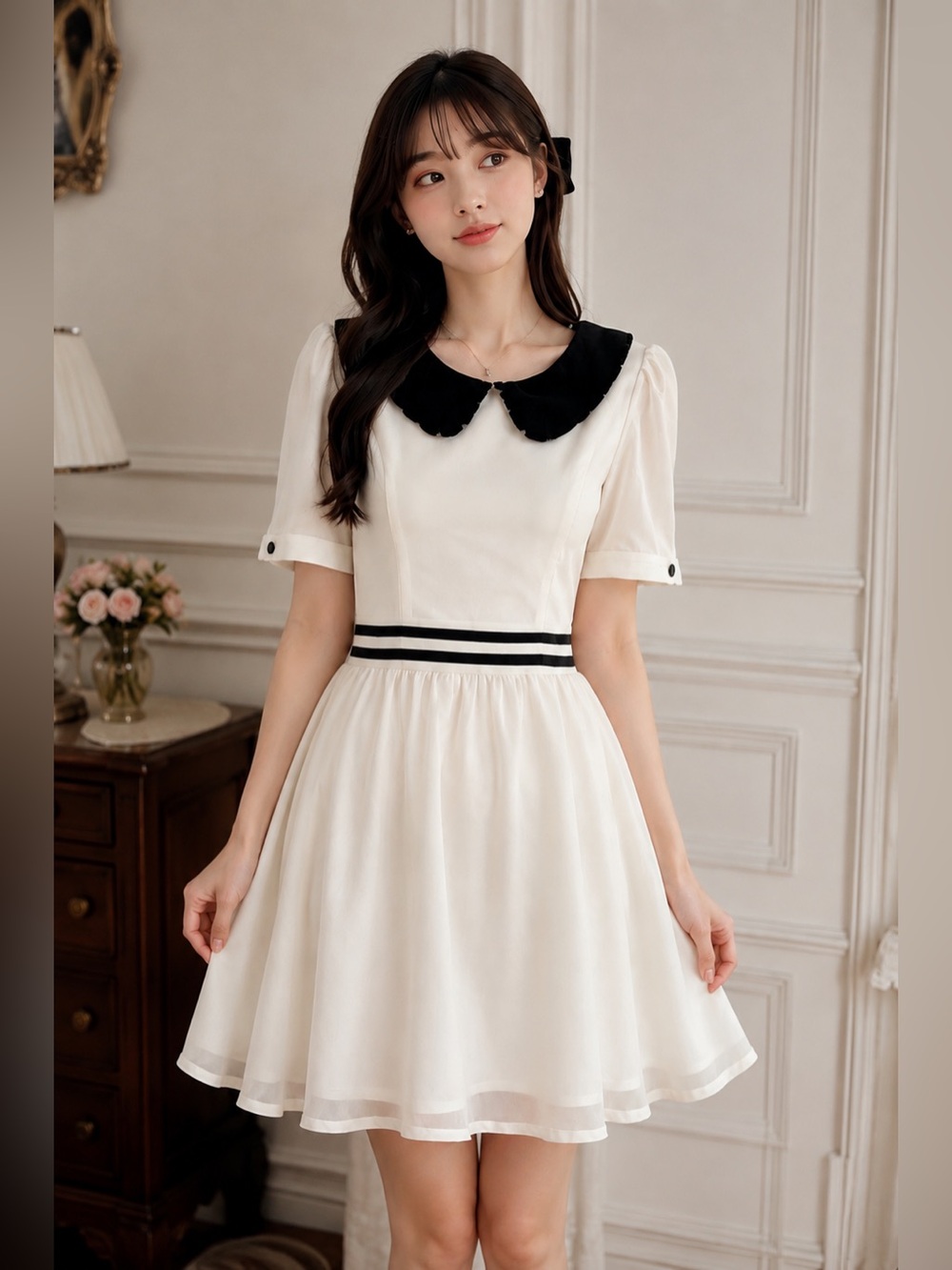 Sailor Collar Fit & Flare Dress NWT M Cream Black Coquette
